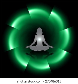 woman meditate dark green abstract circle background, yoga. black background.