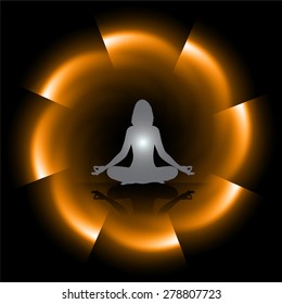 woman meditate dark orange abstract circle background, yoga. black background.