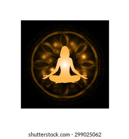woman meditate dark orange abstract background, yoga. beam. ray