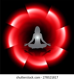 woman meditate dark red abstract circle background, yoga. black background.