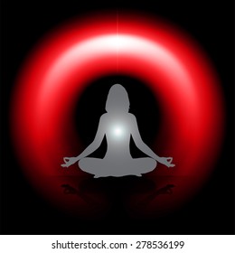 woman meditate dark red abstract circle background, yoga. black background.