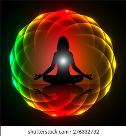 woman meditate dark red green yellow abstract circle background, yoga. black background.