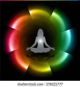woman meditate dark red yellow blue abstract circle background, yoga. black background.
