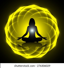 woman meditate dark yellow abstract circle background, yoga. black background.