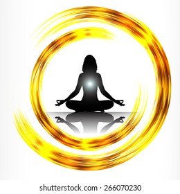 woman meditate gold yellow abstract circle background, yoga. white background.