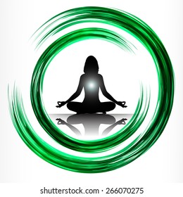 woman meditate green abstract circle background, yoga. white background.