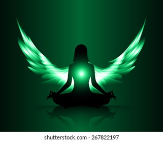 woman meditate green abstract radius background, yoga. angel wings