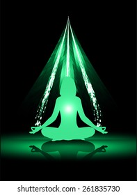 woman meditate green abstract wave background, yoga.