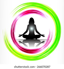woman meditate green pink abstract circle background, yoga. white background.