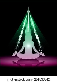 woman meditate green purple abstract wave background, yoga.