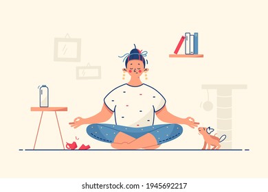 La mujer medita en la ilustración del vector del hogar. Ambiente tranquilo y relajación en el estilo de las habitaciones. Paz y meditación. El autodesarrollo y el concepto de tiempo por sí solo. Aislado sobre fondo amarillo