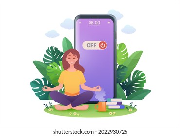 Woman meditate in lotus pose retreating from social media and internet by turning off smartphone. Digital detox concept vector illustration.