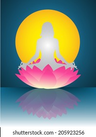 woman meditate on lotus at night, yoga, Full moon background.