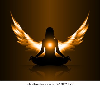 woman meditate orange abstract radius background, yoga. angel wings