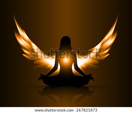 woman meditate orange abstract radius background, yoga. angel wings