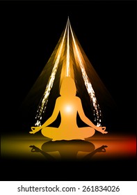 woman meditate orange abstract wave background, yoga.