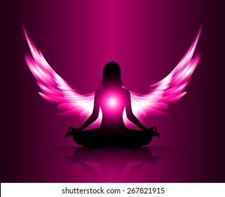woman meditate pink abstract radius background, yoga. angel wings