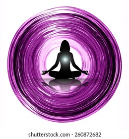 woman meditate purple abstract lighting effects background, yoga.