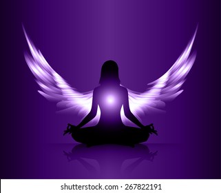 woman meditate purple abstract radius background, yoga. angel wings