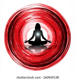 woman meditate red abstract lighting effects background, yoga.