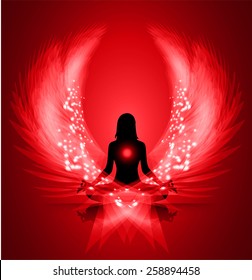 woman meditate red abstract radius background, yoga. angel wings