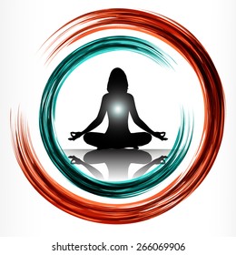 woman meditate red blue abstract circle background, yoga. white background.