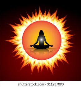woman meditate red orange sun background, abstract ray radius background
