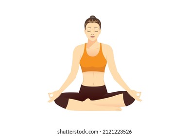 Woman meditate with Sukhasana pose she sitting cross legged on the floor. Illustration about training for make concentration.
