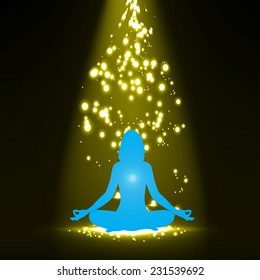woman meditate yellow abstract stage lighting effects background, yoga.  