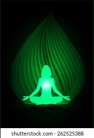 woman meditate, yoga. abstract spiral green background.