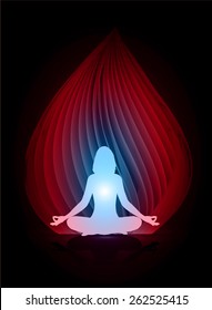 woman meditate, yoga. abstract spiral red blue background.