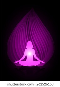 woman meditate, yoga. abstract spiral purple background.