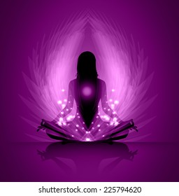 woman meditate, yoga. Angel Wings. purple background. 