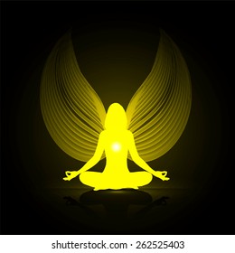 woman meditate, yoga. Angel Wings. yellow background.