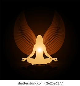 woman meditate, yoga. Angel Wings. brown background.