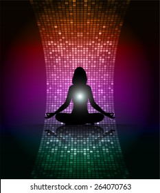 woman meditate, yoga. orange purple green abstract background. pixel. Table, Mosaic 
