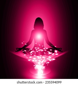 woman meditate, yoga. pink background. 