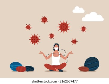 Woman meditate and yoga at to stay calm, COVID-19 virus around. Stay calm at by meditation or yoga in social distancing self isolation in COVID-19 Coronavirus outbreak lockdown concept.