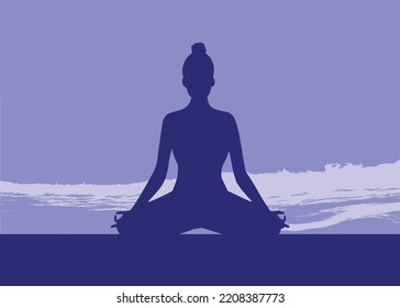 Woman meditates by the sea. Vector illustration