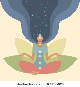 A woman meditates, connecting her chakras with the cosmos. Concept illustration for yoga, meditation, relaxation, healthy lifestyle