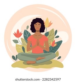 A woman meditates with dark hair and skin in a pastel background with flowers and leaves. Conceptual illustration for yoga, meditation, relaxation, healthy lifestyle. Vector cartoon flat illustration