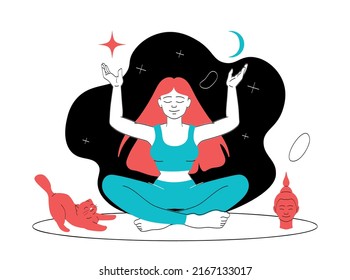 Woman meditates at home. Girl sits in lotus position, imagining space. Meditation and concentration, yoga and asana. Active lifestyle and sports, inner calmness. Cartoon flat vector illustration