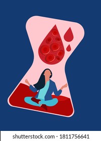 Woman Meditates In The Hourglass, And Drops Of Blood With Erythrocytes Fall From Above.World Day Against Leukemia. Acceptance Cancer And Control Of Disease.Hemophilia Or Leukosis Illustration.