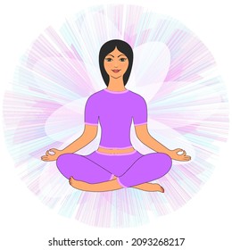 The woman meditates and leaves. Conceptual vector illustration for yoga, meditation, relaxation, relaxation, healthy lifestyle.