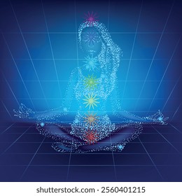 A woman meditates in the lotus position. Designation of chakras, yoga. Neon vector illustration