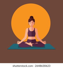 A woman meditates in a lotus position on a teal mat, silhouetted against a large orange circle.