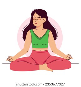 A woman meditates in the lotus position. Pilates, yoga and meditation. Relaxation and relaxation, inner peace and balance, a young girl takes care of her health. flat vector illustration