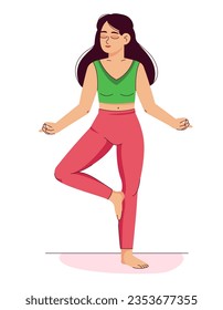 A woman meditates in the lotus position. Pilates, yoga and meditation. Relaxation and relaxation, inner peace and balance, a young girl takes care of her health. flat vector illustration