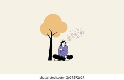 A woman meditates in a lotus position under a tree, with thought bubbles representing her inner thoughts and feelings.
