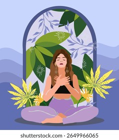 Woman meditates in nature calm and relaxed.Design with flowers,leaves on blue background.Conceptual for meditation,spiritual healing,wellness ,healthy lifestyle. Vector illustration in flat style.